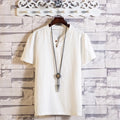 Men's Button Loose Shirts Casual Male V Neck Short Sleeve Harajuku Linen T-shirt Tops ZJFS-1901