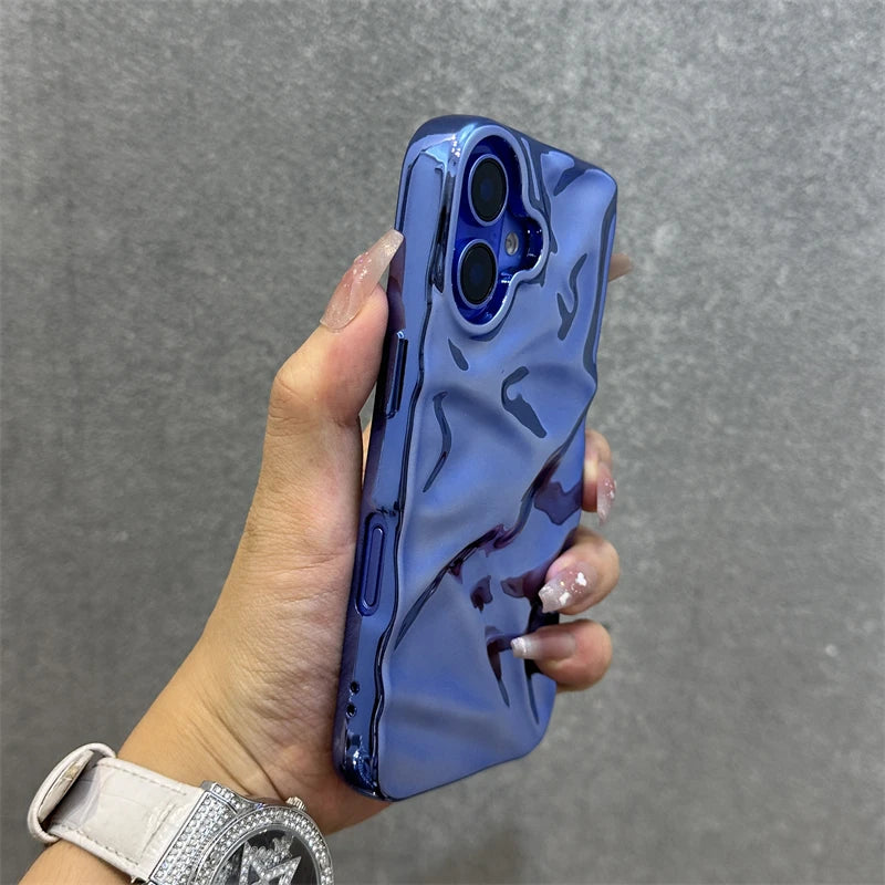 Plating Blue Glossy Water Ripple Phone Case For iPhone 17 Air 16 15 14 13 12 11 Pro Max 16 Plus Soft Shockproof Back Cover