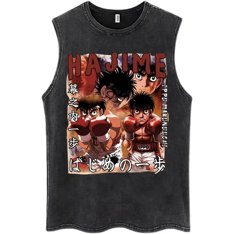Anime Hajime No Ippo Kamogawa Boxing Gym Washed Sleeveless T-Shirt Makunouchi KGB T-Shirts Men Women 100% Cotton Tank Tops Male