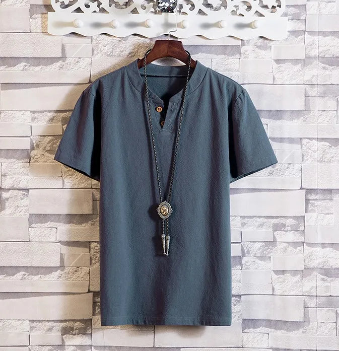 Men's Button Loose Shirts Casual Male V Neck Short Sleeve Harajuku Linen T-shirt Tops ZJFS-1901