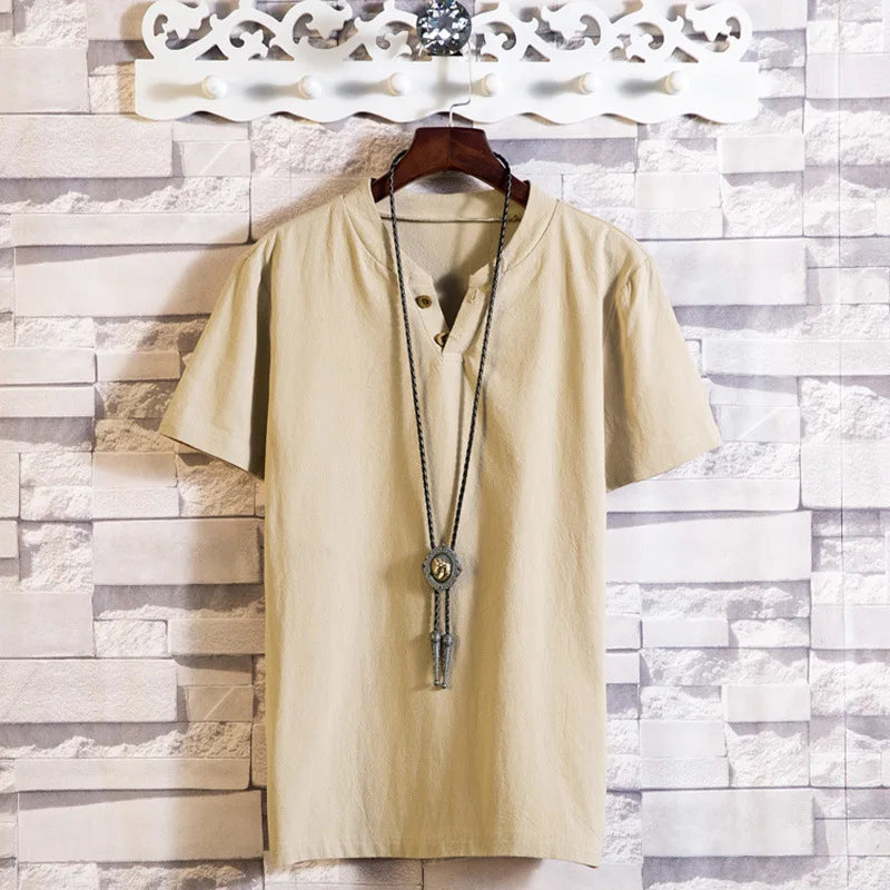 Men's Button Loose Shirts Casual Male V Neck Short Sleeve Harajuku Linen T-shirt Tops ZJFS-1901
