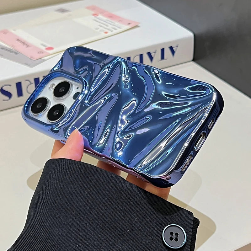 Plating Blue Glossy Water Ripple Phone Case For iPhone 17 Air 16 15 14 13 12 11 Pro Max 16 Plus Soft Shockproof Back Cover