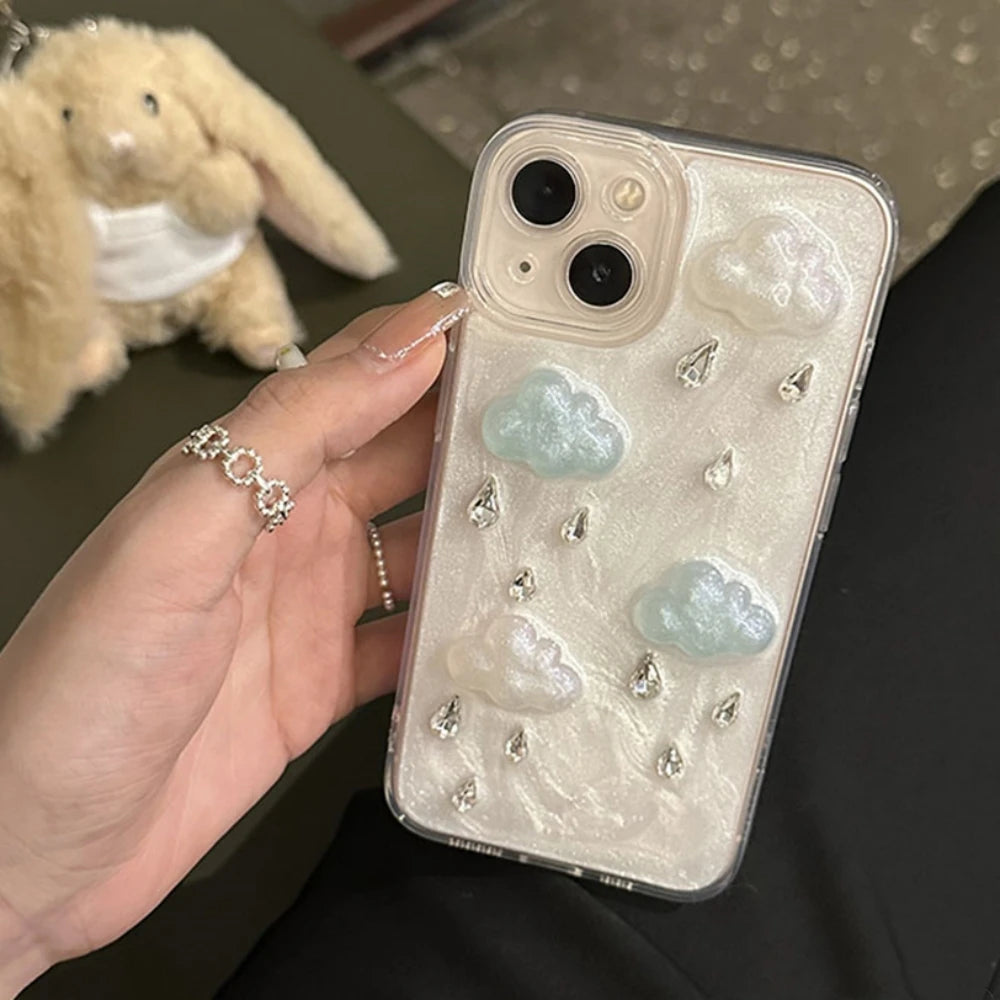 INS Cute Plating Raindrop Cloud Glitter Phone Case For iPhone 16 15 14 13 Pro Max 12 11 X XS XR Korea Lens Protection Soft Cover