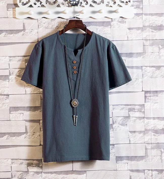 Men's Button Loose Shirts Casual Male V Neck Short Sleeve Harajuku Linen T-shirt Tops ZJFS-1901