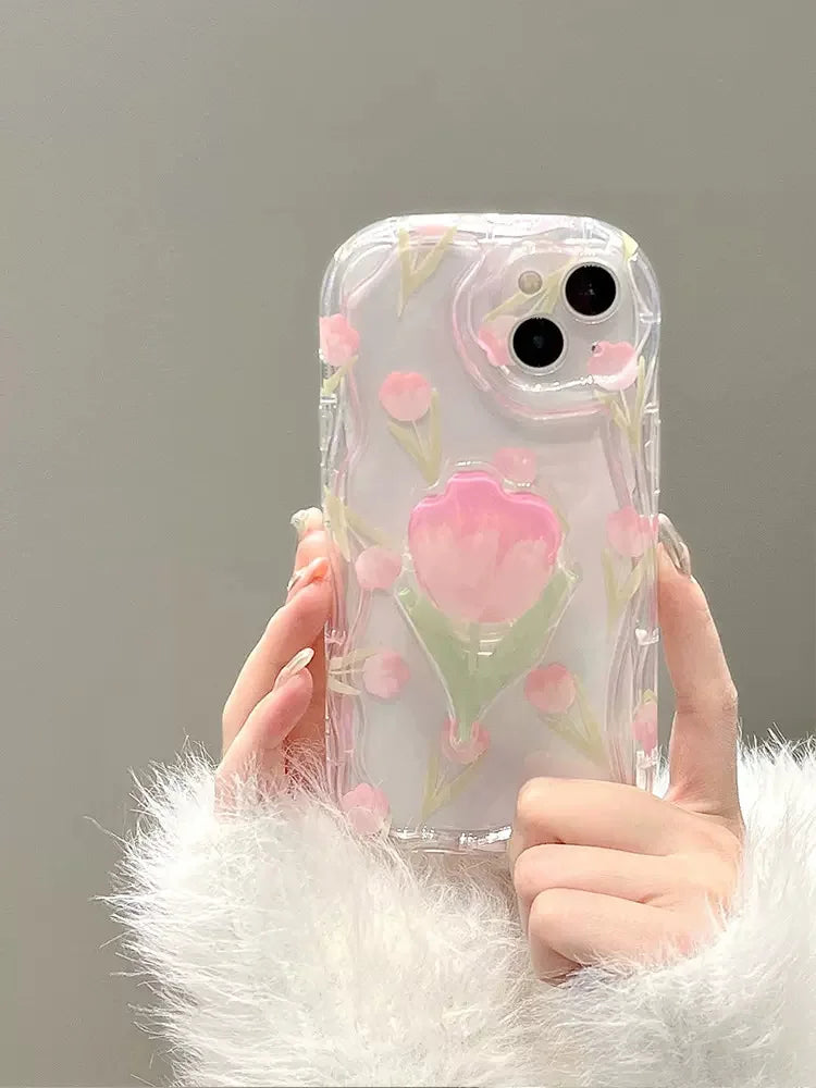 Phone Case For Realme 10 4G 11 Pro Plus C21Y C30 C31 C11 C55 C53 C35 C33 6 7 8 8i 9i Tulip Printing Grip Holder Wave Cover