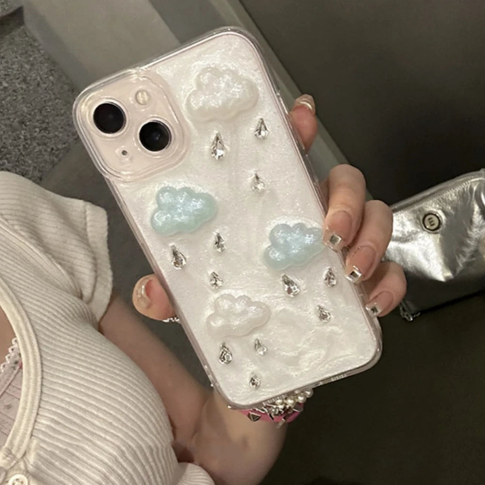 INS Cute Plating Raindrop Cloud Glitter Phone Case For iPhone 16 15 14 13 Pro Max 12 11 X XS XR Korea Lens Protection Soft Cover