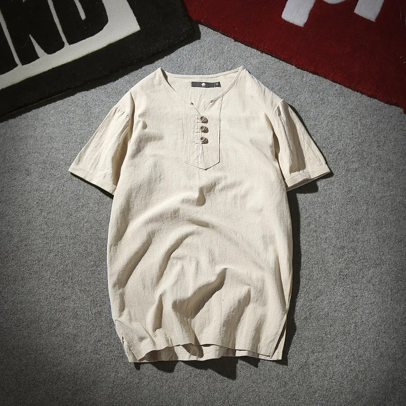 Men's Button Loose Shirts Casual Male V Neck Short Sleeve Harajuku Linen T-shirt Tops ZJFS-1901