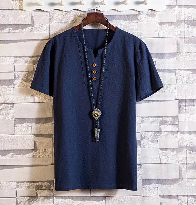 Men's Button Loose Shirts Casual Male V Neck Short Sleeve Harajuku Linen T-shirt Tops ZJFS-1901