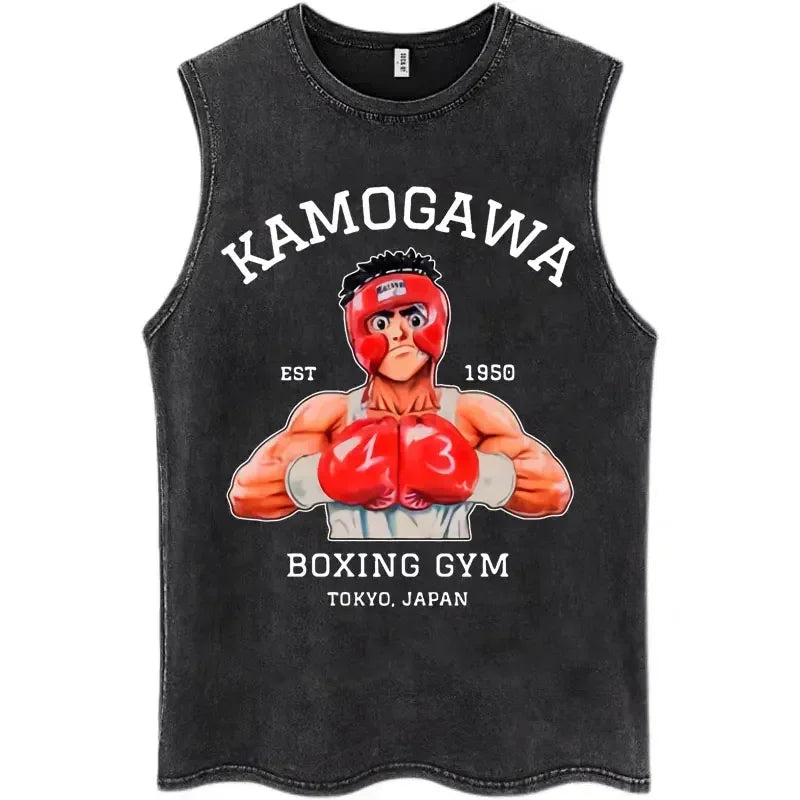 Anime Hajime No Ippo Kamogawa Boxing Gym Washed Sleeveless T-Shirt Makunouchi KGB T-Shirts Men Women 100% Cotton Tank Tops Male