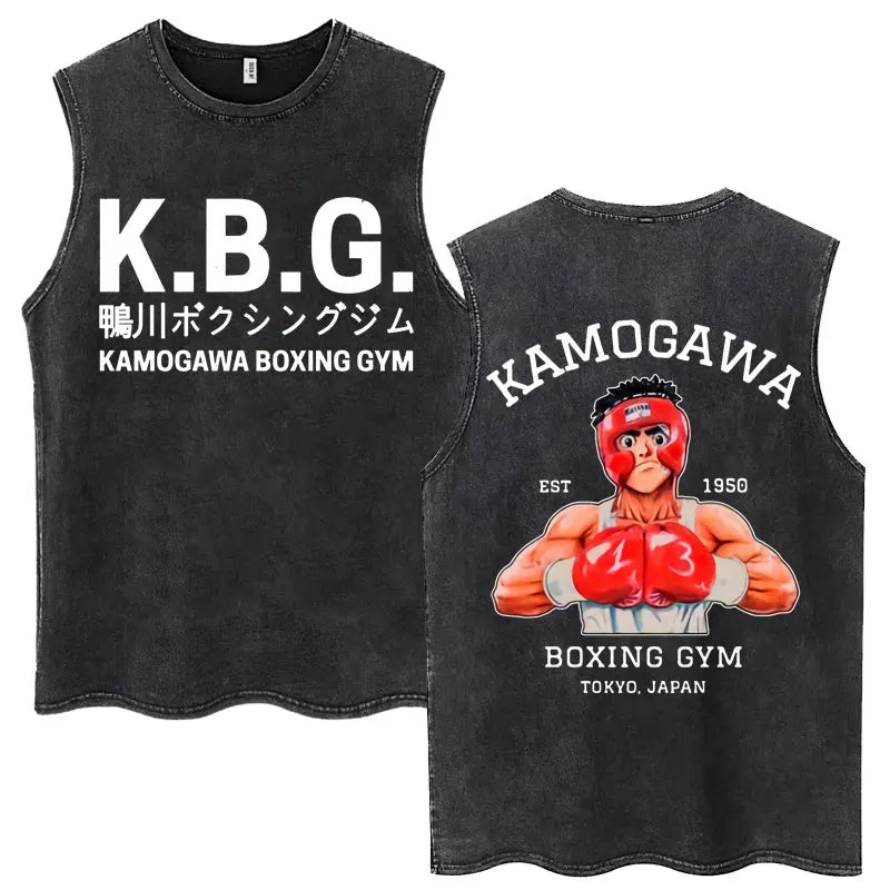 Anime Hajime No Ippo Kamogawa Boxing Gym Washed Sleeveless T-Shirt Makunouchi KGB T-Shirts Men Women 100% Cotton Tank Tops Male