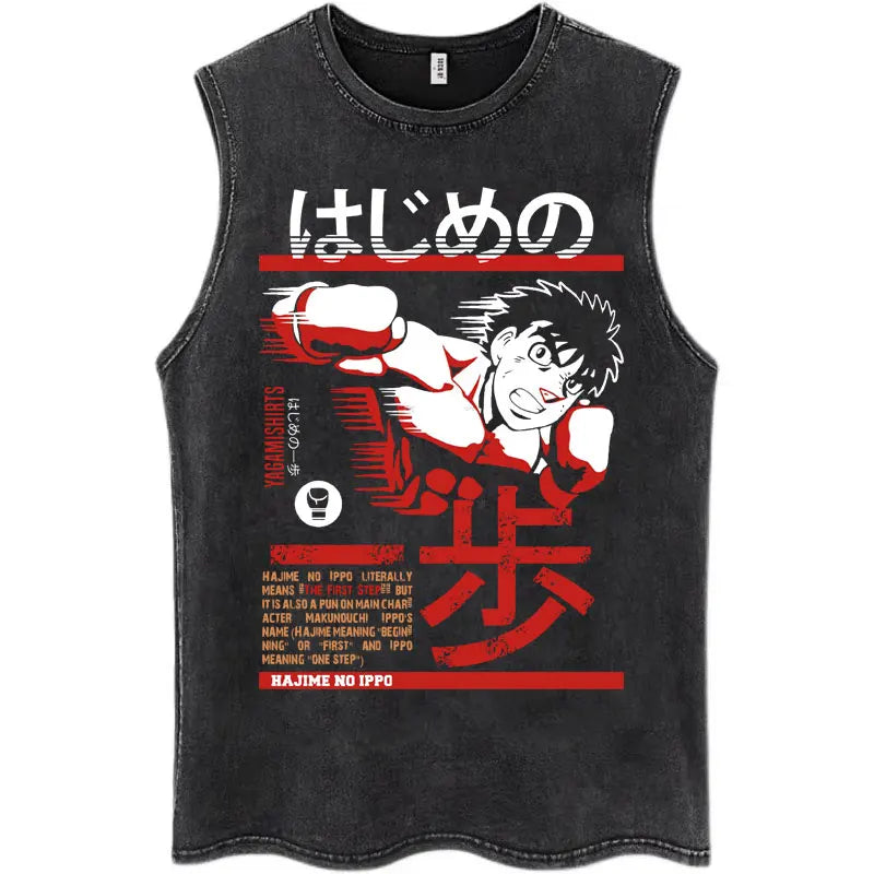 Anime Hajime No Ippo Kamogawa Boxing Gym Washed Sleeveless T-Shirt Makunouchi KGB T-Shirts Men Women 100% Cotton Tank Tops Male