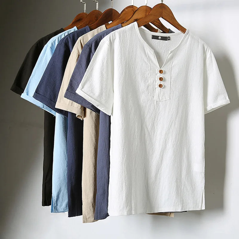 Men's Button Loose Shirts Casual Male V Neck Short Sleeve Harajuku Linen T-shirt Tops ZJFS-1901