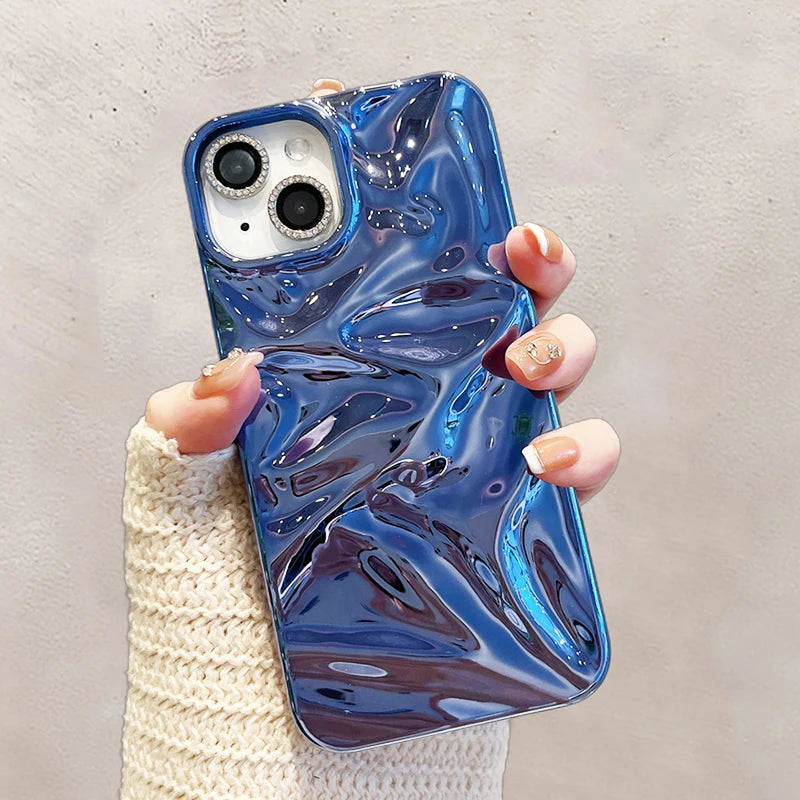 Plating Blue Glossy Water Ripple Phone Case For iPhone 17 Air 16 15 14 13 12 11 Pro Max 16 Plus Soft Shockproof Back Cover