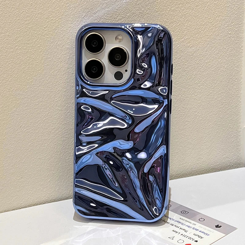 Plating Blue Glossy Water Ripple Phone Case For iPhone 17 Air 16 15 14 13 12 11 Pro Max 16 Plus Soft Shockproof Back Cover