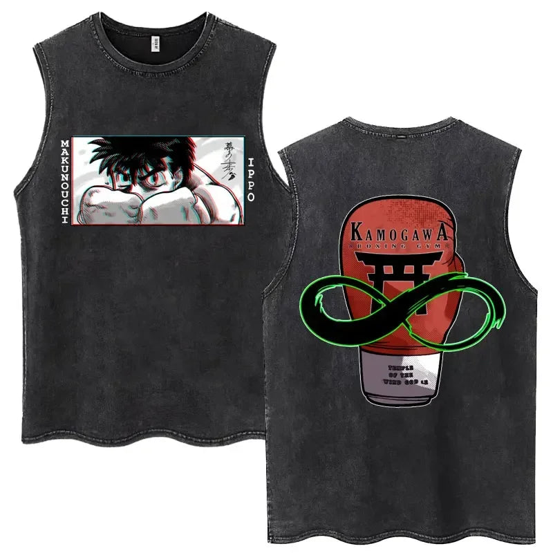 Anime Hajime No Ippo Kamogawa Boxing Gym Washed Sleeveless T-Shirt Makunouchi KGB T-Shirts Men Women 100% Cotton Tank Tops Male