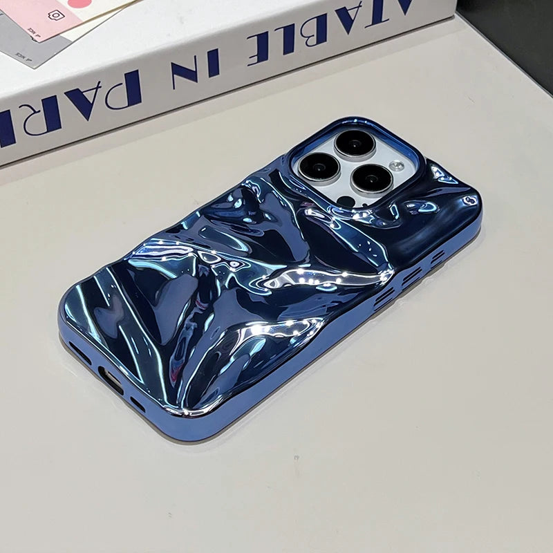 Plating Blue Glossy Water Ripple Phone Case For iPhone 17 Air 16 15 14 13 12 11 Pro Max 16 Plus Soft Shockproof Back Cover