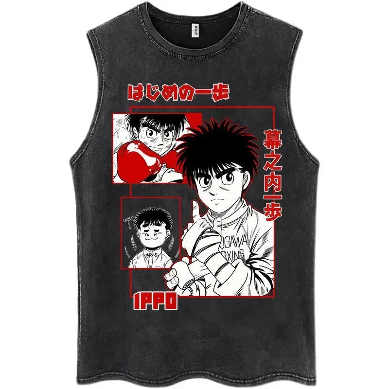 Anime Hajime No Ippo Kamogawa Boxing Gym Washed Sleeveless T-Shirt Makunouchi KGB T-Shirts Men Women 100% Cotton Tank Tops Male