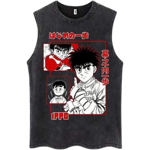 Anime Hajime No Ippo Kamogawa Boxing Gym Washed Sleeveless T-Shirt Makunouchi KGB T-Shirts Men Women 100% Cotton Tank Tops Male