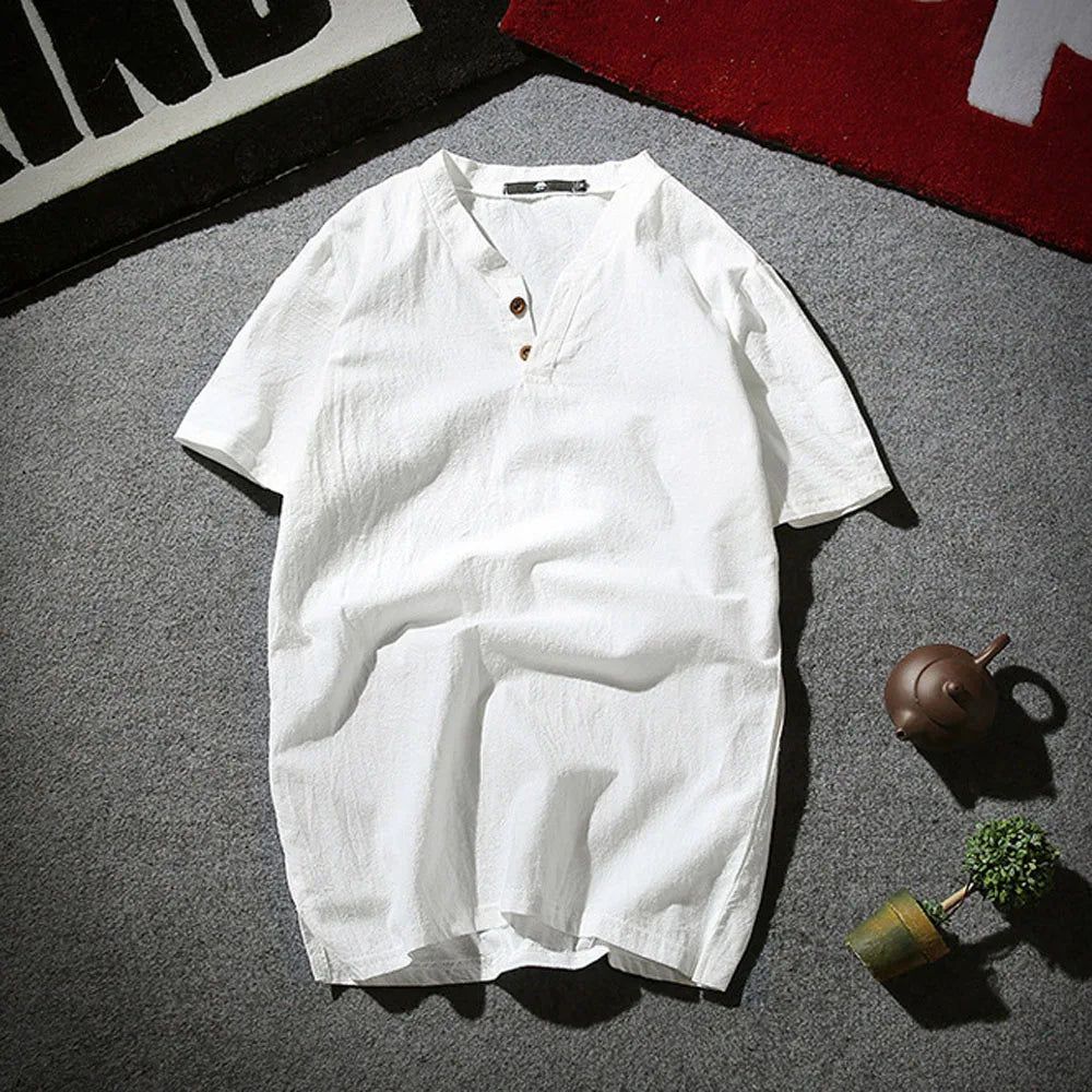Men's Button Loose Shirts Casual Male V Neck Short Sleeve Harajuku Linen T-shirt Tops ZJFS-1901