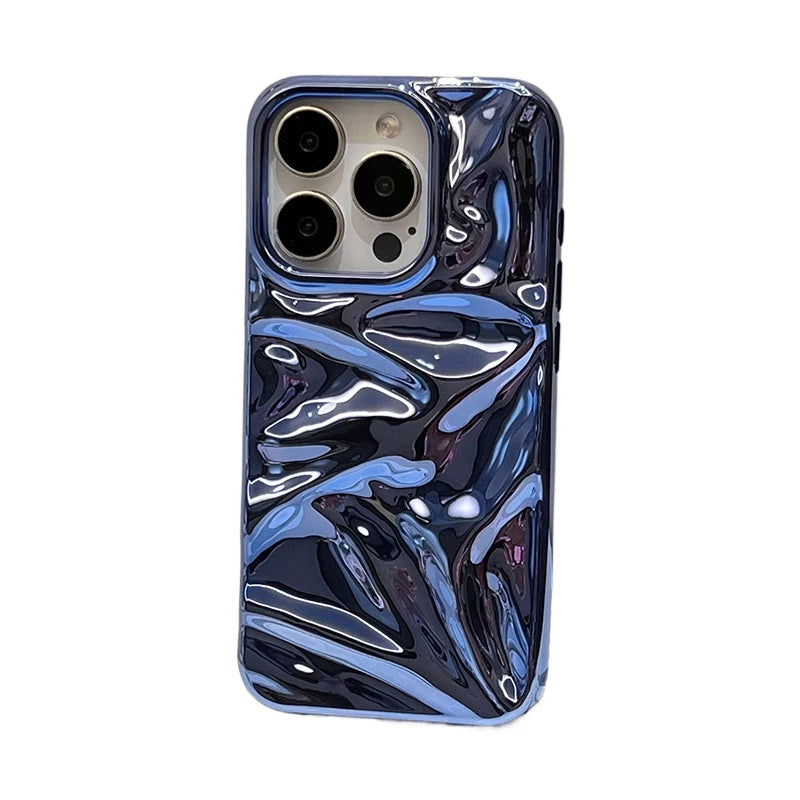 Plating Blue Glossy Water Ripple Phone Case For iPhone 17 Air 16 15 14 13 12 11 Pro Max 16 Plus Soft Shockproof Back Cover