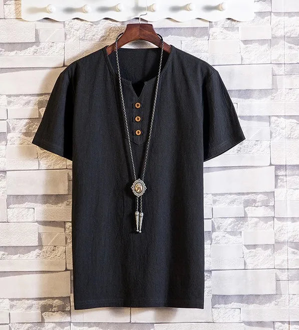 Men's Button Loose Shirts Casual Male V Neck Short Sleeve Harajuku Linen T-shirt Tops ZJFS-1901
