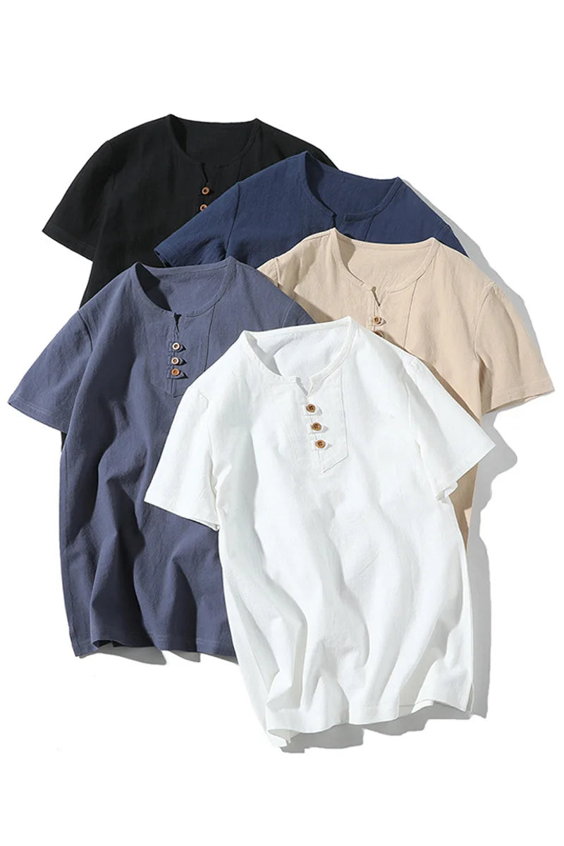 Men's Button Loose Shirts Casual Male V Neck Short Sleeve Harajuku Linen T-shirt Tops ZJFS-1901