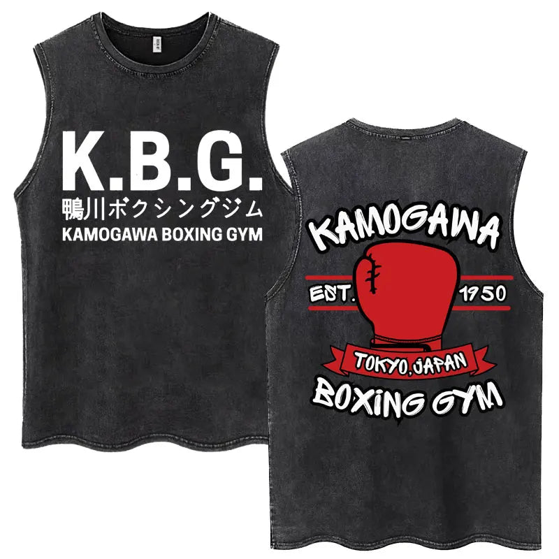 Anime Hajime No Ippo Kamogawa Boxing Gym Washed Sleeveless T-Shirt Makunouchi KGB T-Shirts Men Women 100% Cotton Tank Tops Male