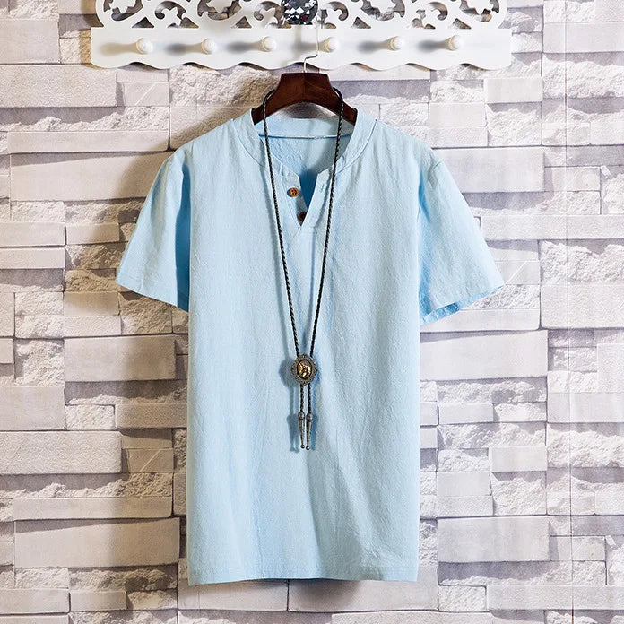 Men's Button Loose Shirts Casual Male V Neck Short Sleeve Harajuku Linen T-shirt Tops ZJFS-1901